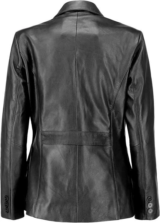Women's Classic Lambskin Black Leather Two Button Blazer Jackets - Image 3