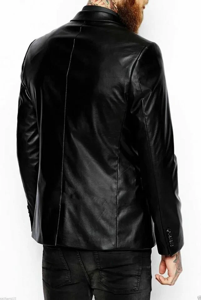 Men's Genuine Lambskin Black Blazer Two Button Slim Fit Coat Real Leather Jacket - Image 2