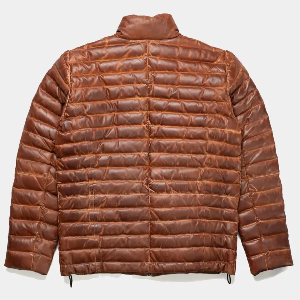 Men's Antique Brown Real Leather Jacket Puffer Fully Quilted Lambskin Jacket - Image 7