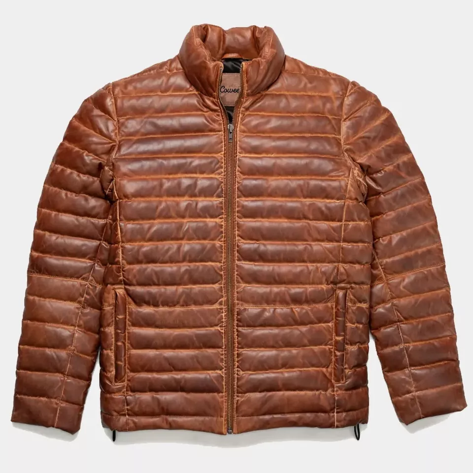 Men's Antique Brown Real Leather Jacket Puffer Fully Quilted Lambskin Jacket - Image 5