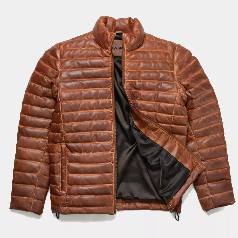 Men's Antique Brown Real Leather Jacket Puffer Fully Quilted Lambskin Jacket - Image 6
