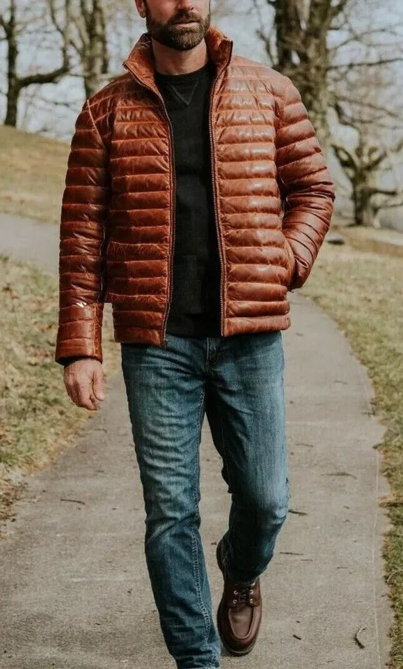 Men's Antique Brown Real Leather Jacket Puffer Fully Quilted Lambskin Jacket - Image 4