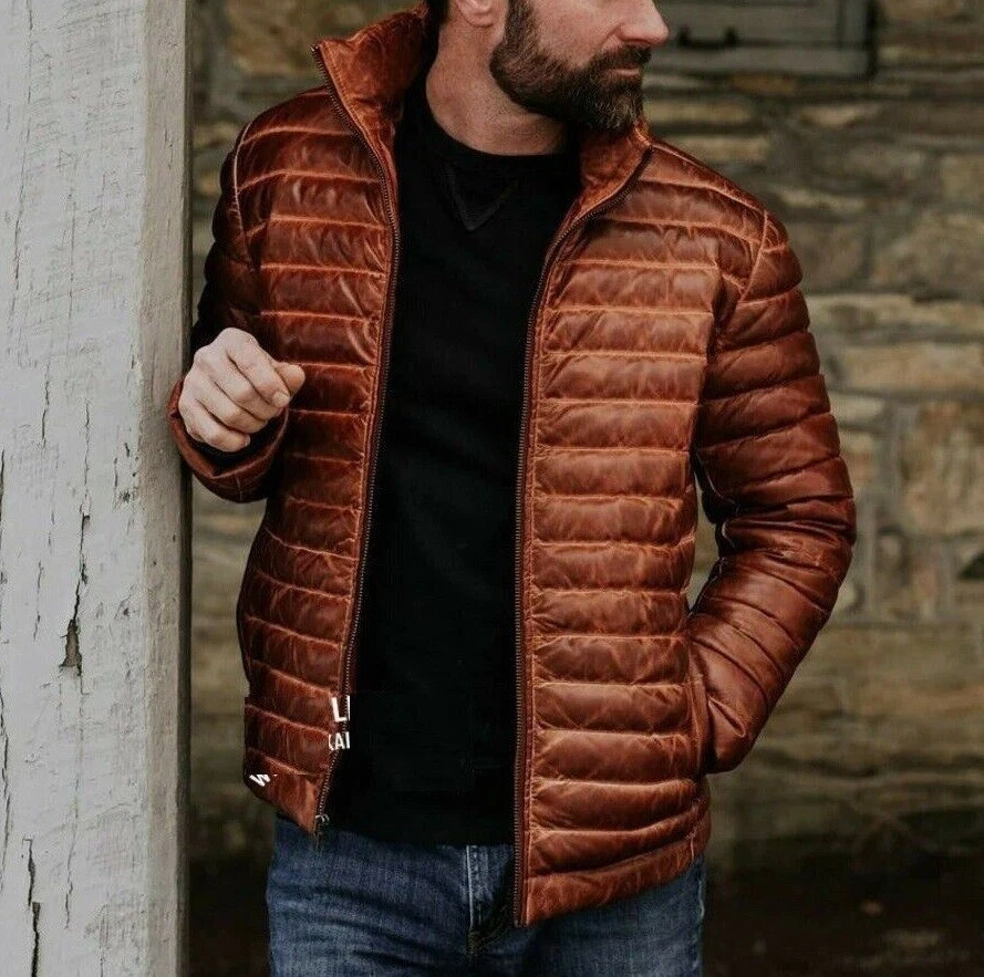 Men's Antique Brown Real Leather Jacket Puffer Fully Quilted Lambskin Jacket