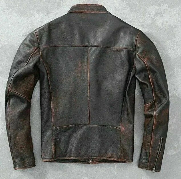 Men’s Motorcycle Biker Vintage Cafe Racer Distressed Black Real Leather Jacket - Image 2