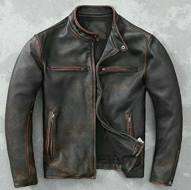 Men’s Motorcycle Biker Vintage Cafe Racer Distressed Black Real Leather Jacket