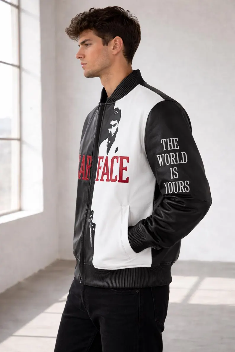 Scarface Black & White Leather Varsity Jacket Men's Graphic Bomber Jacket - Image 3