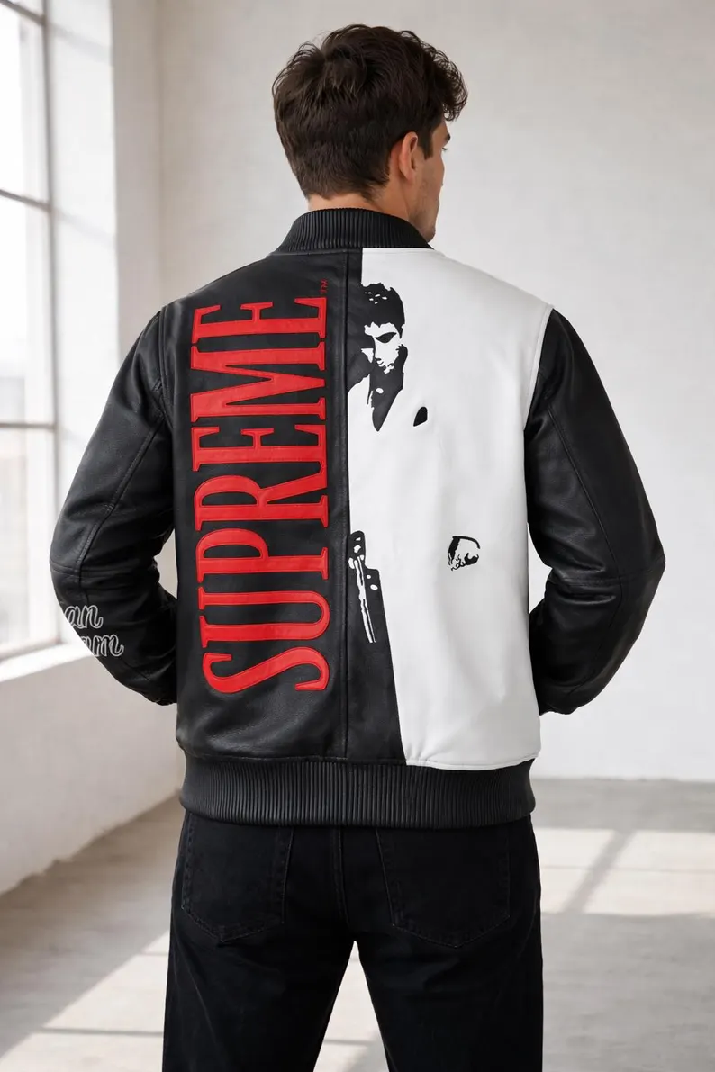 Scarface Black & White Leather Varsity Jacket Men's Graphic Bomber Jacket - Image 4