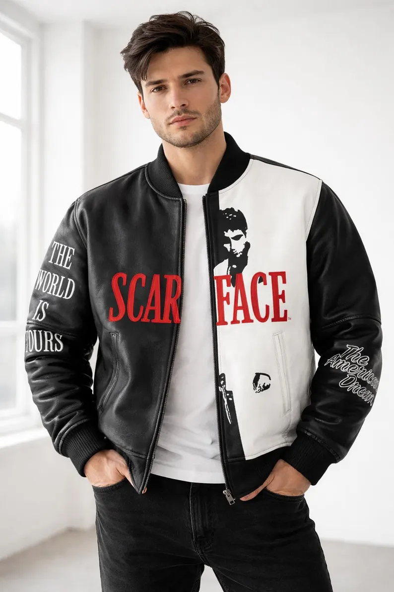 Scarface Black & White Leather Varsity Jacket Men's Graphic Bomber Jacket - Image 2