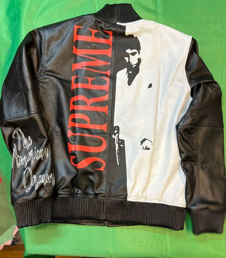 Scarface Black & White Leather Varsity Jacket Men's Graphic Bomber Jacket - Image 6