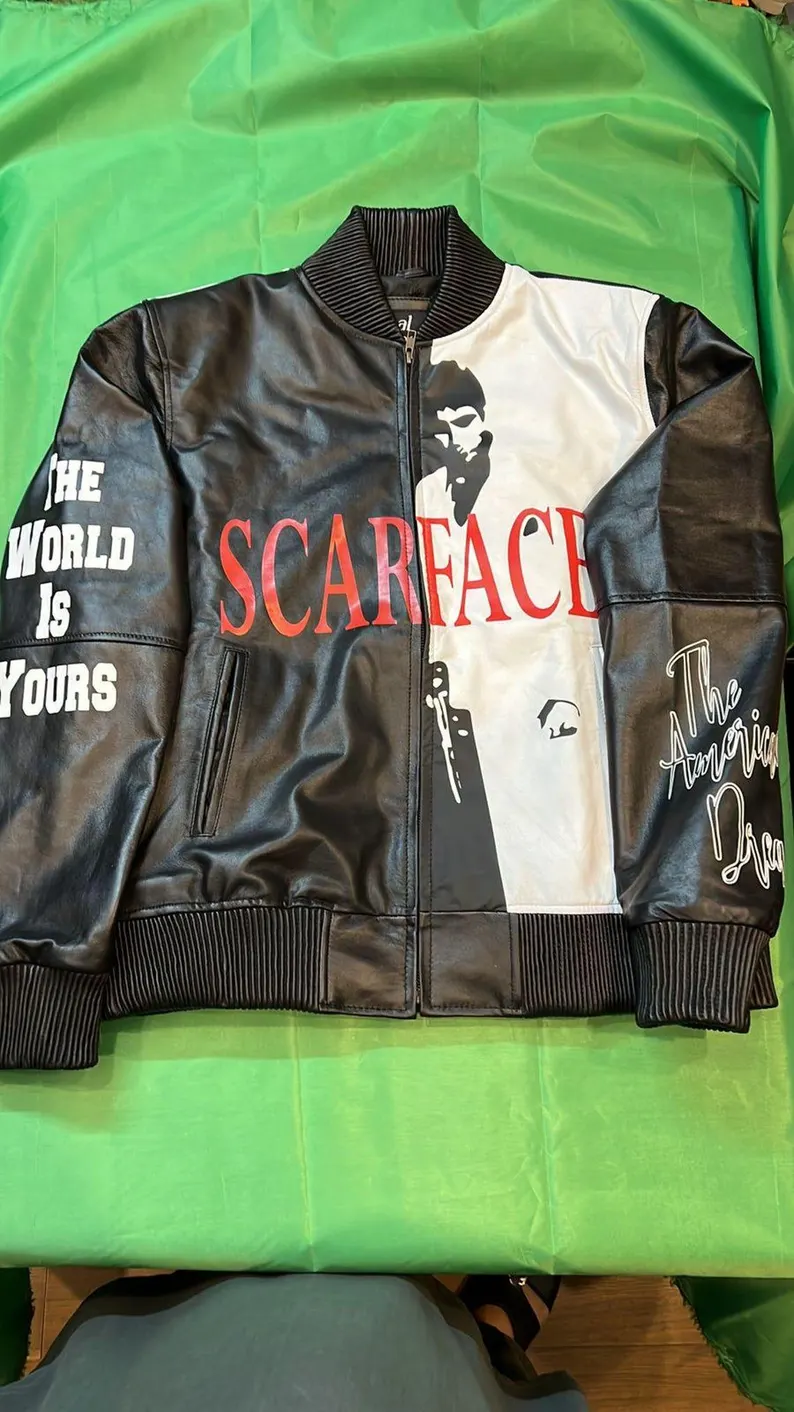 Scarface Black & White Leather Varsity Jacket Men's Graphic Bomber Jacket - Image 5